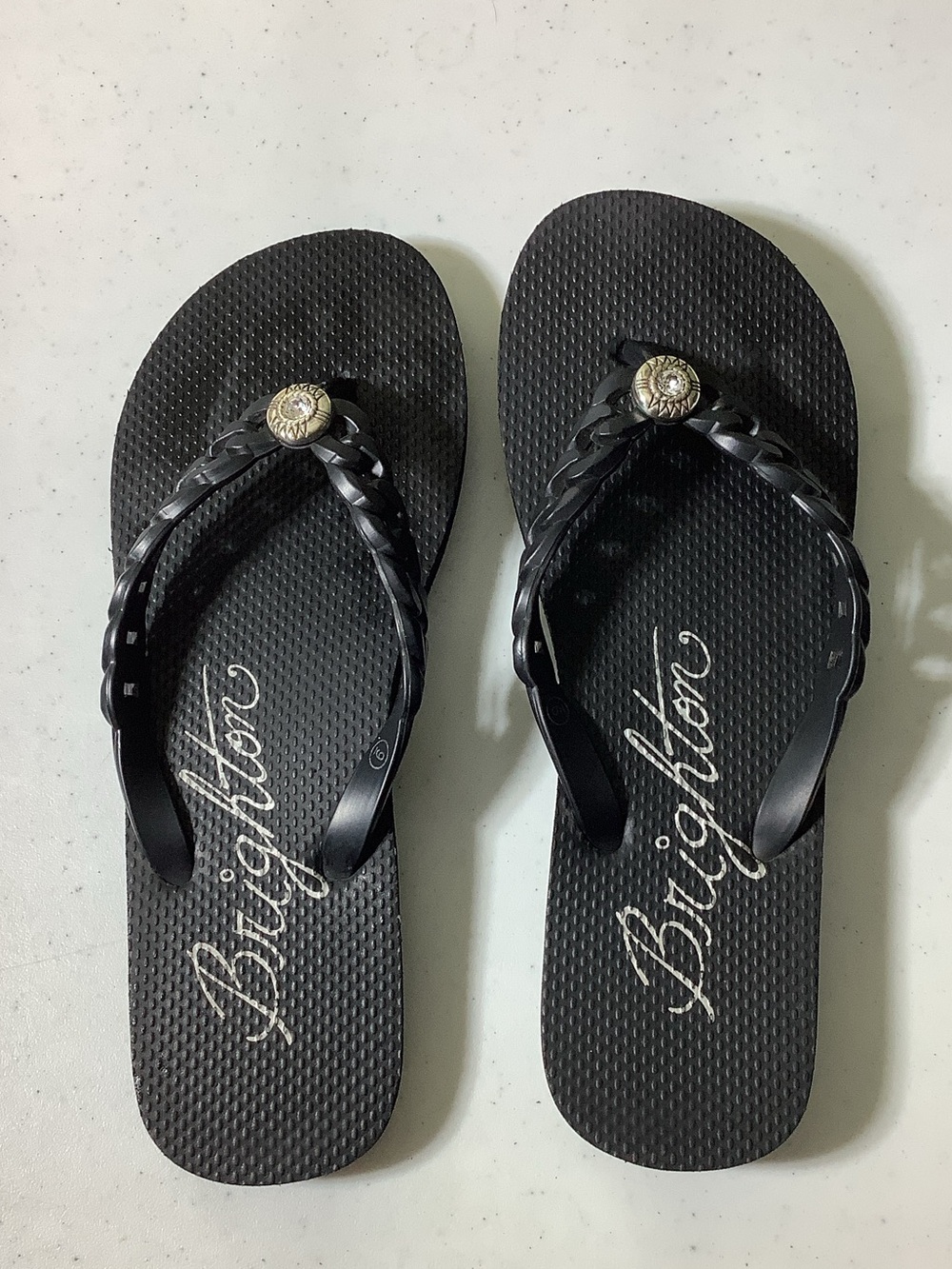 Brighton black flip flops, size 9